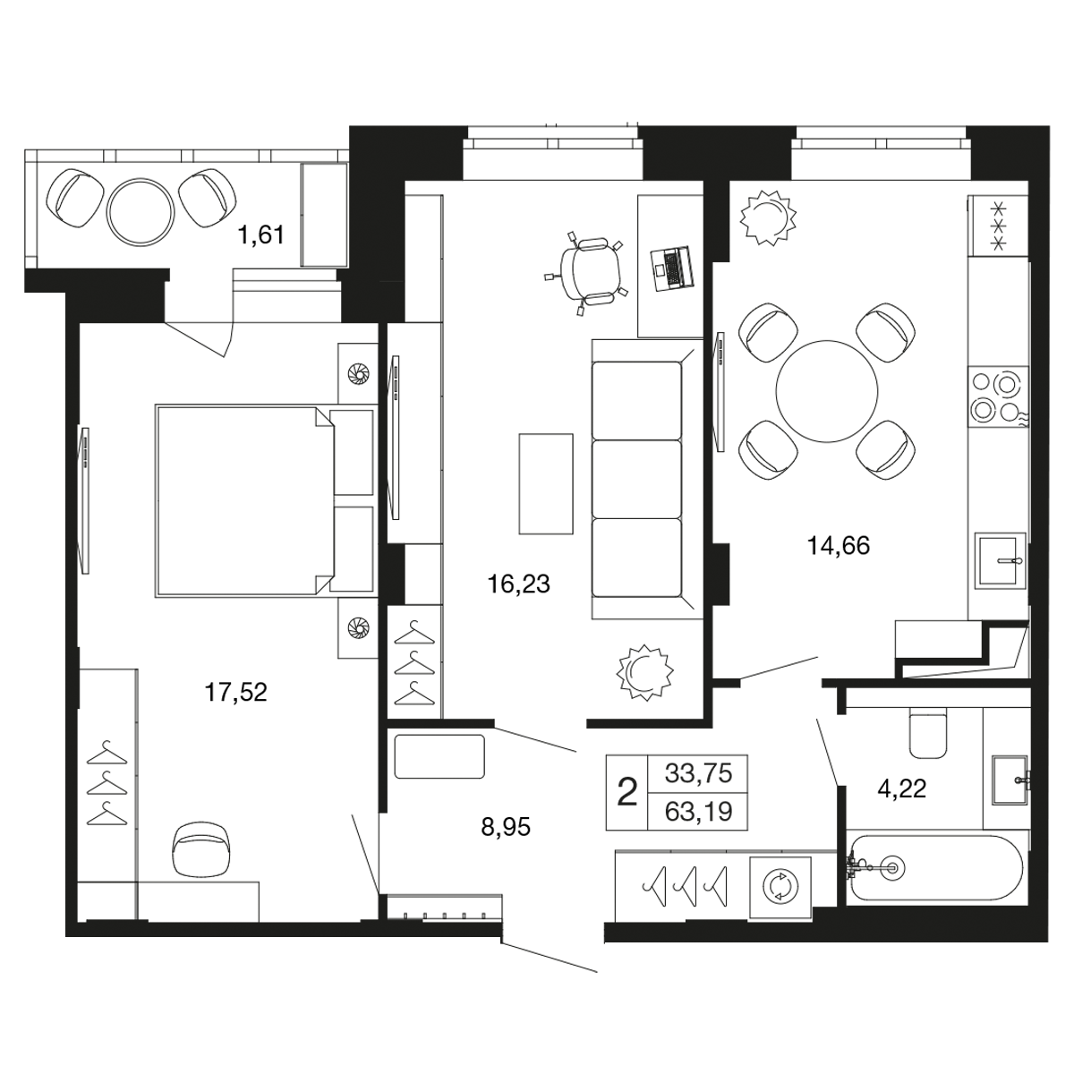 2 комн. квартира, 63.2 м², 3 этаж 