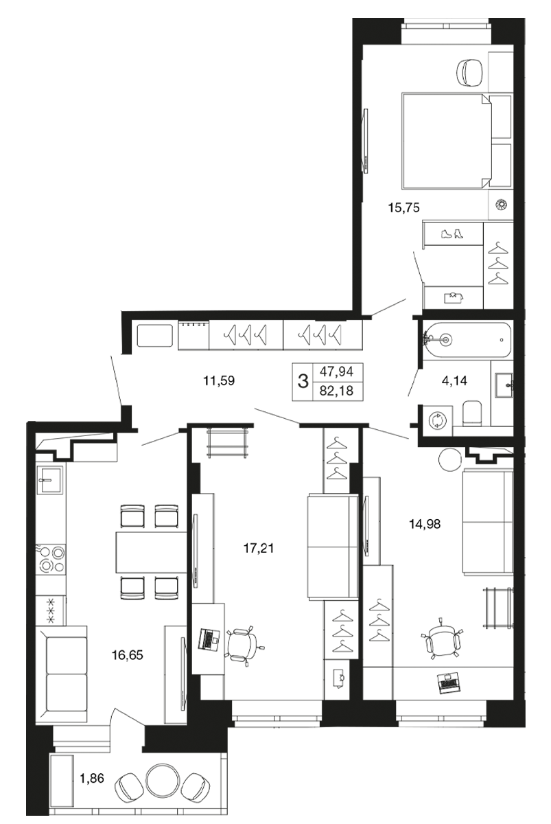 3 комн. квартира, 82.2 м², 3 этаж 