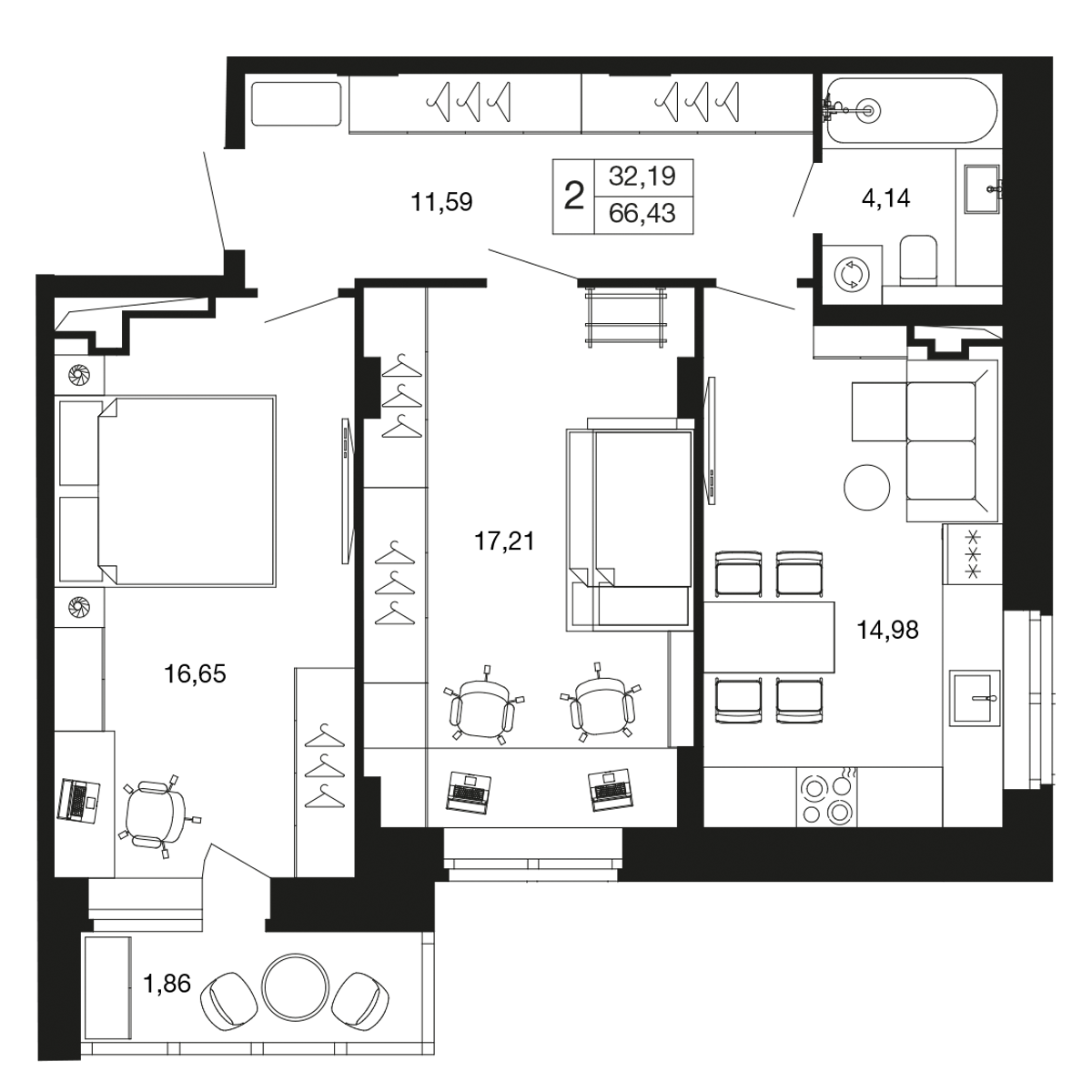 2 комн. квартира, 66.4 м², 3 этаж 