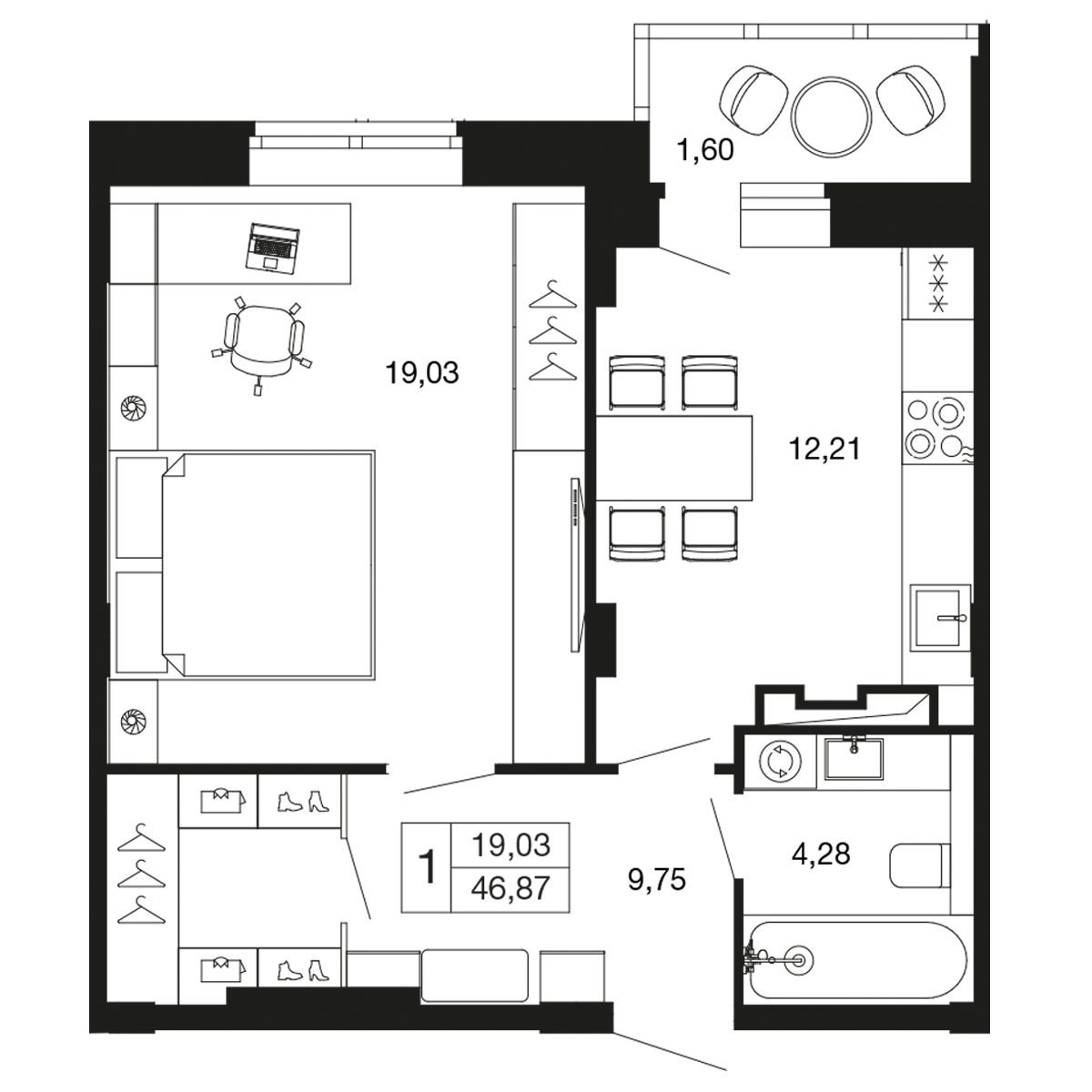 1 комн. квартира, 46.9 м², 5 этаж 
