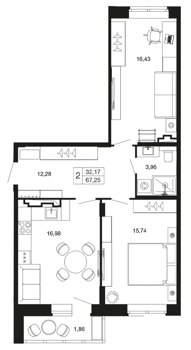 2 комн. квартира, 67.2 м², 5 этаж 