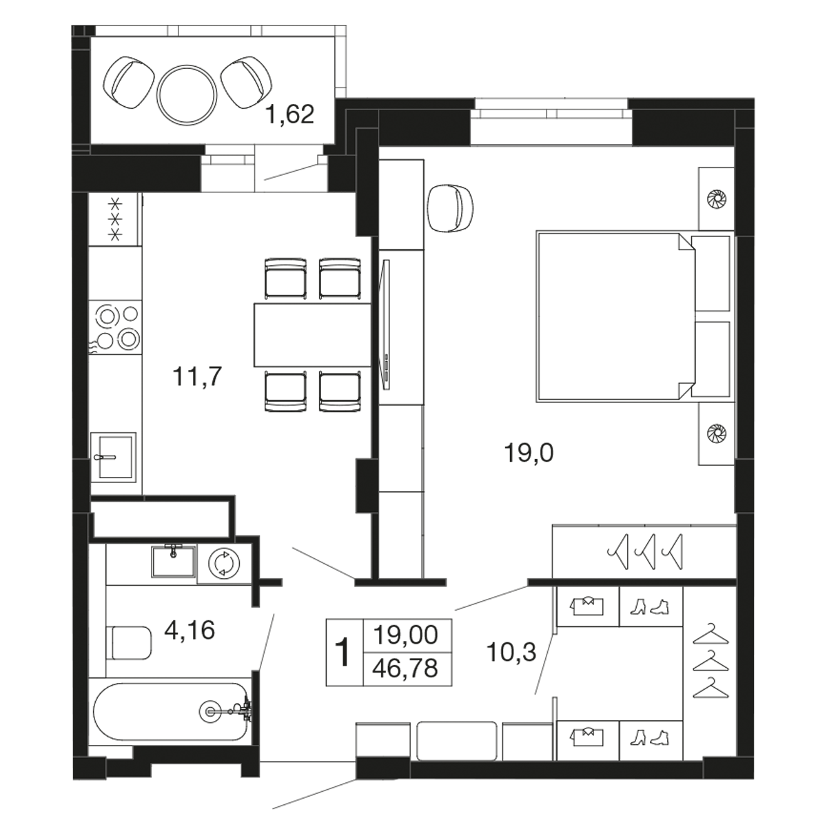 1 комн. квартира, 46.8 м², 2 этаж 