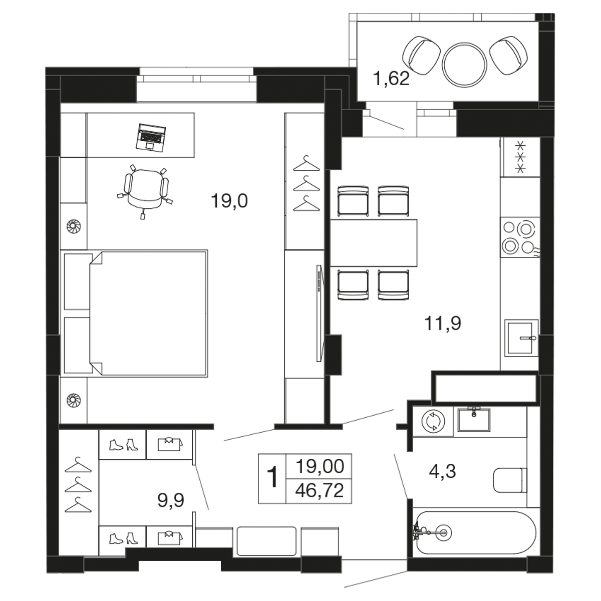 1 комн. квартира, 46.7 м², 4 этаж 