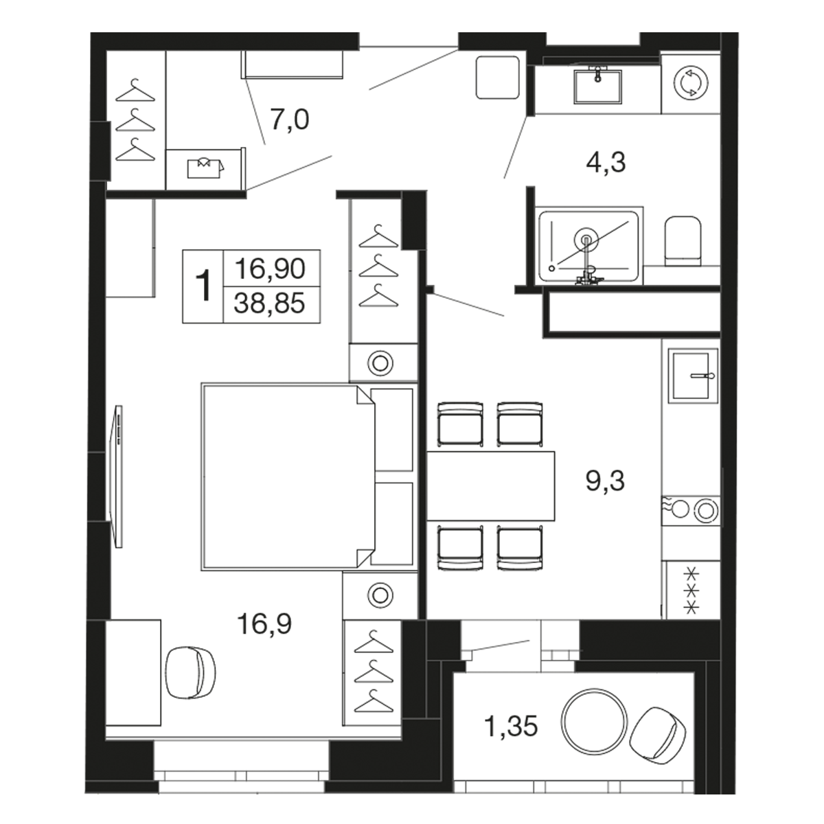1 комн. квартира, 38.9 м², 2 этаж 