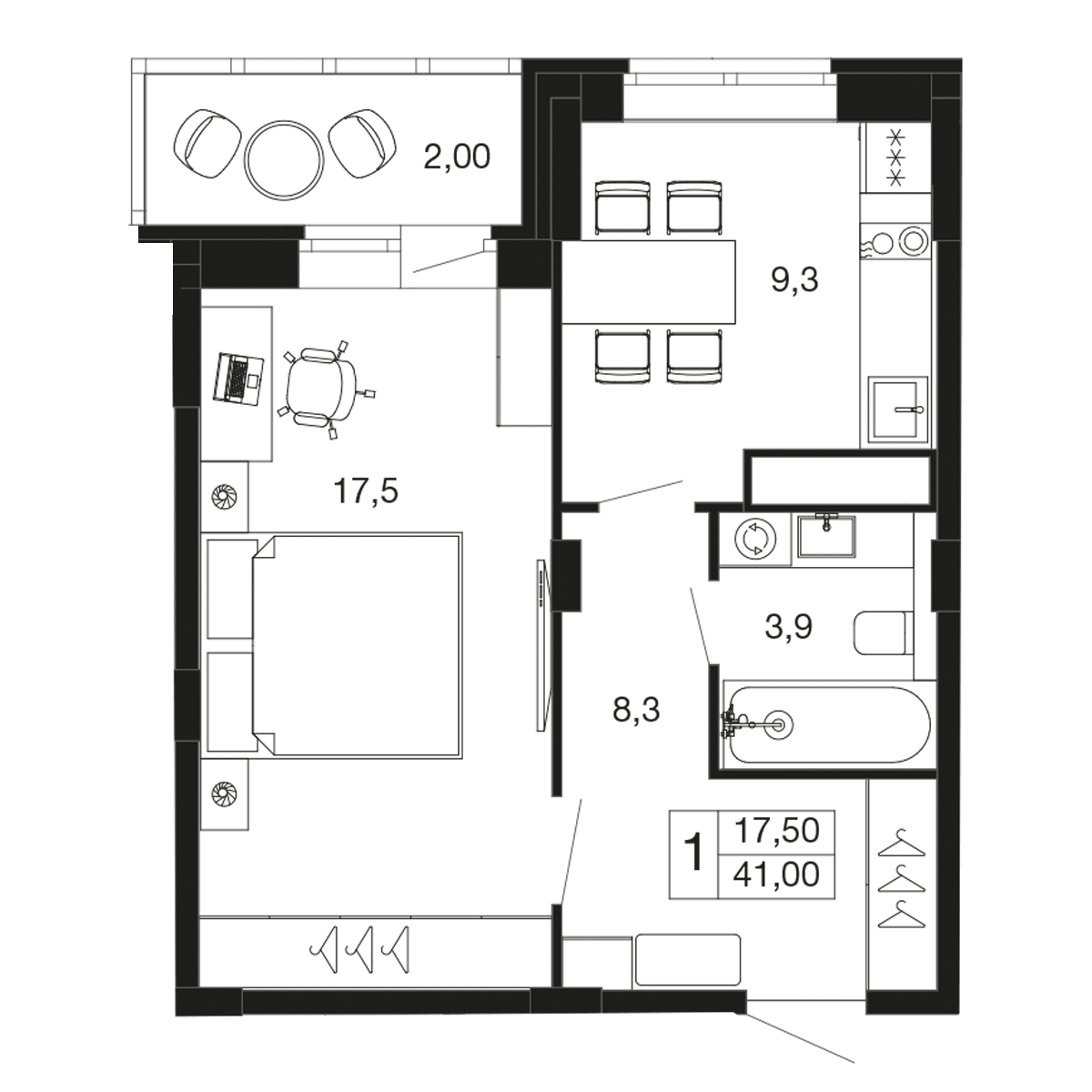 1 комн. квартира, 41 м², 2 этаж 