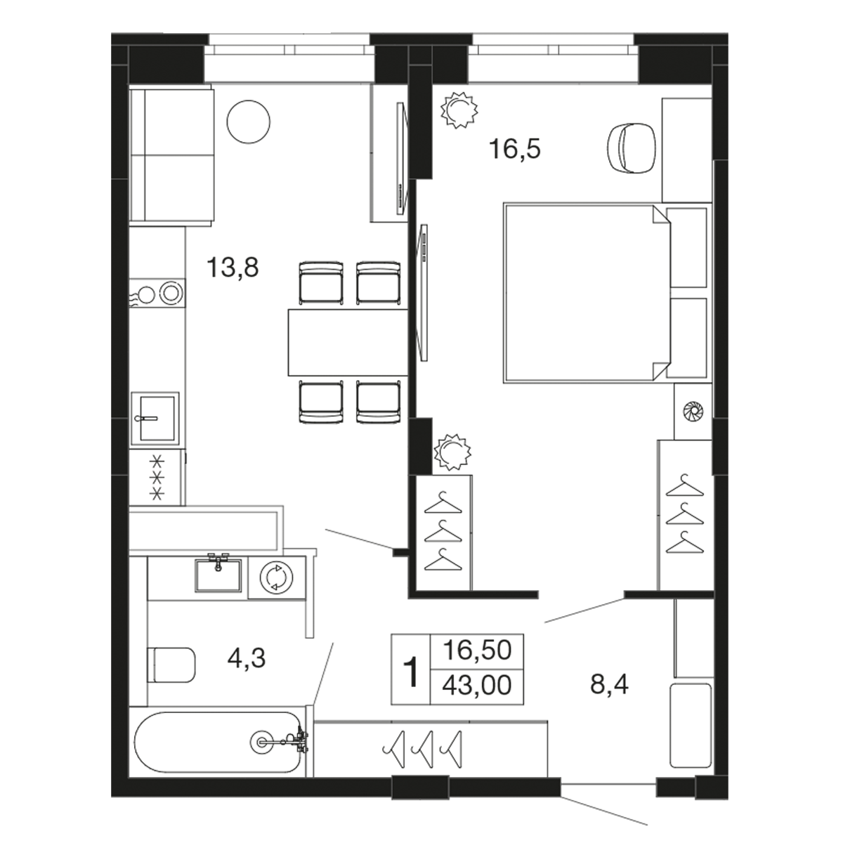 1 комн. квартира, 43 м², 2 этаж 