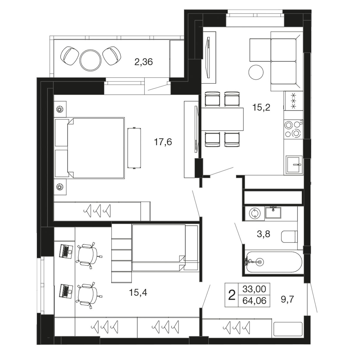 2 комн. квартира, 64.1 м², 3 этаж 