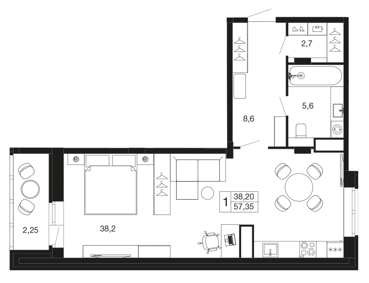 студия, 57.4 м², 5 этаж 