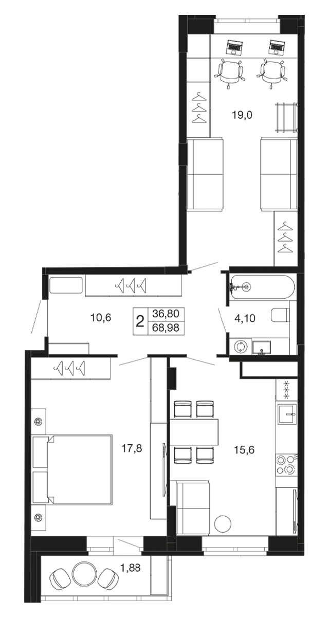 2 комн. квартира, 69 м², 5 этаж 