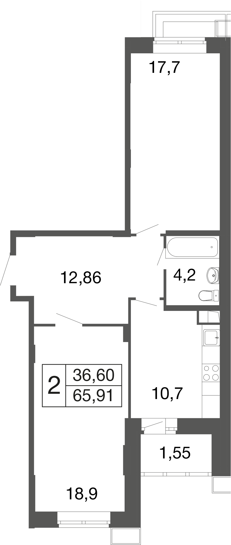 2 комн. квартира, 65.9 м², 1 этаж 