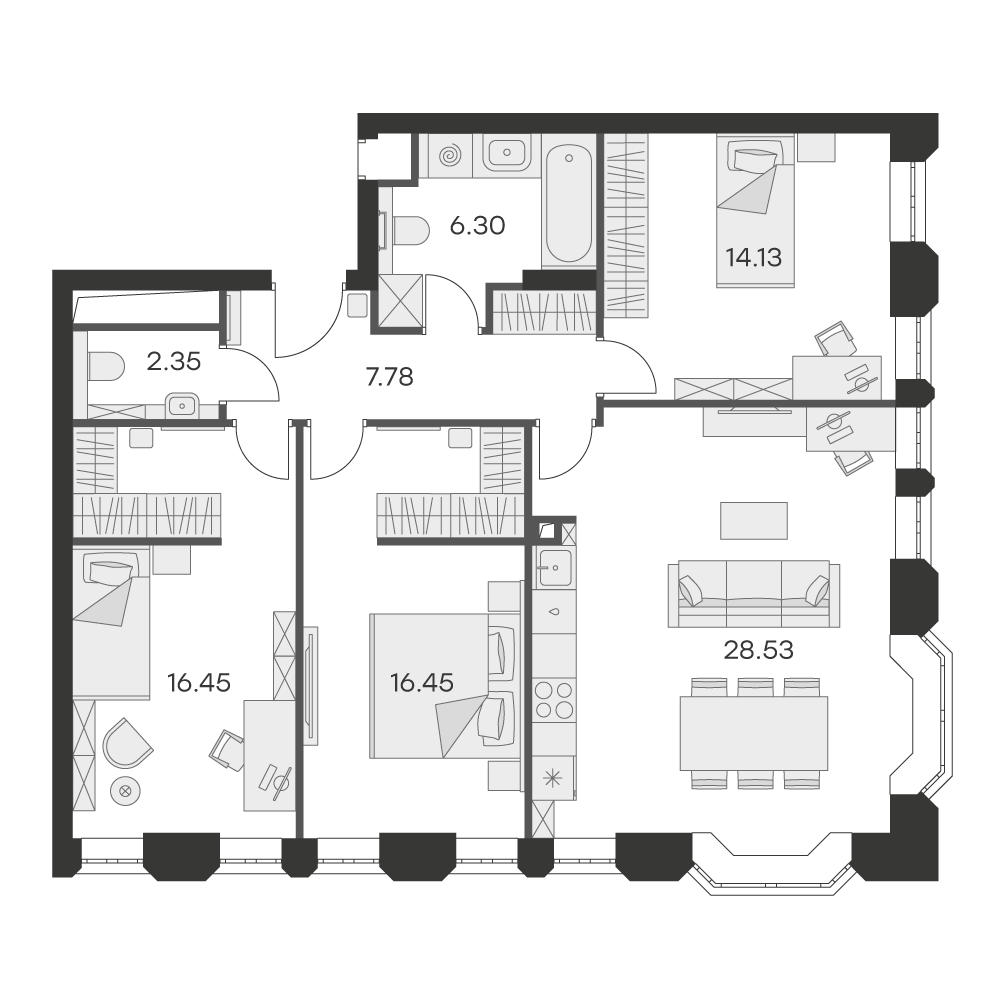 2 комн. квартира, 91.5 м², 18 этаж 