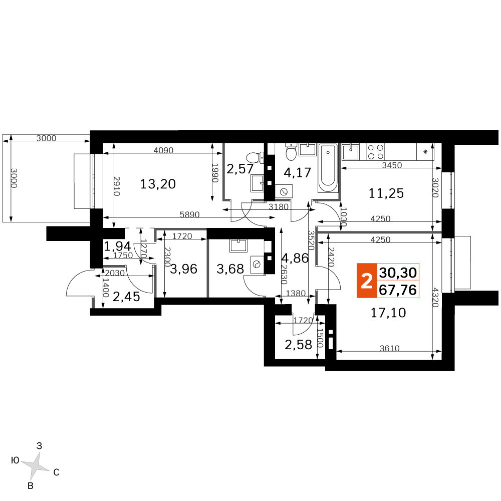 2 комн. квартира, 67.8 м², 1 этаж 