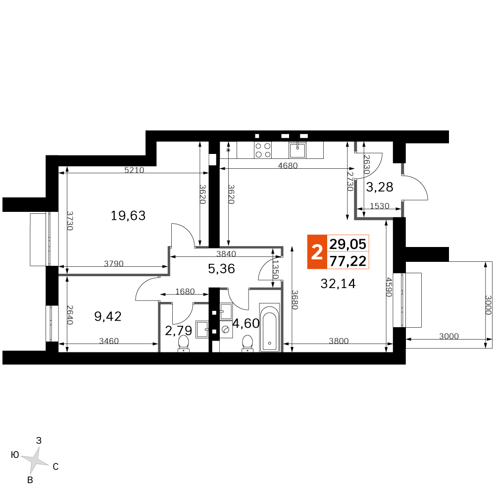 3 комн. квартира, 77.2 м², 1 этаж 