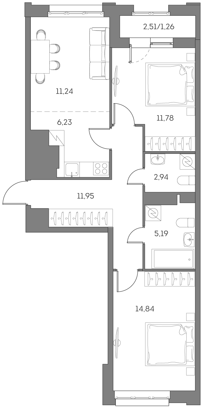 3 комн. квартира, 65.4 м², 11 этаж 