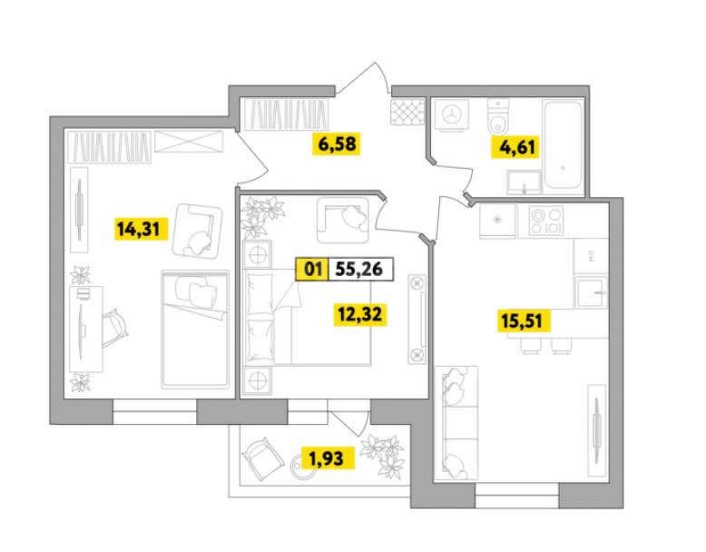 2 комн. квартира, 55.3 м², 6 этаж 