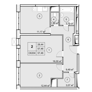 2 комн. квартира, 58.2 м², 2 этаж 