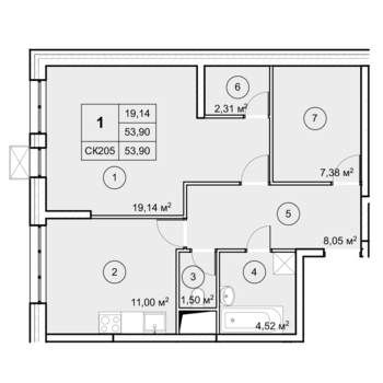 1 комн. квартира, 53.9 м², 2 этаж 