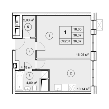 1 комн. квартира, 36.4 м², 3 этаж 