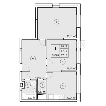 2 комн. квартира, 57.1 м², 3 этаж 