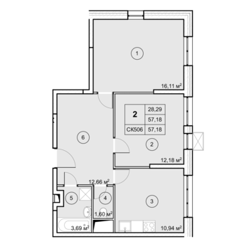 2 комн. квартира, 57.1 м², 5 этаж 