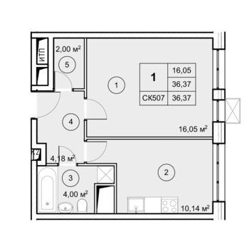 1 комн. квартира, 36.4 м², 7 этаж 