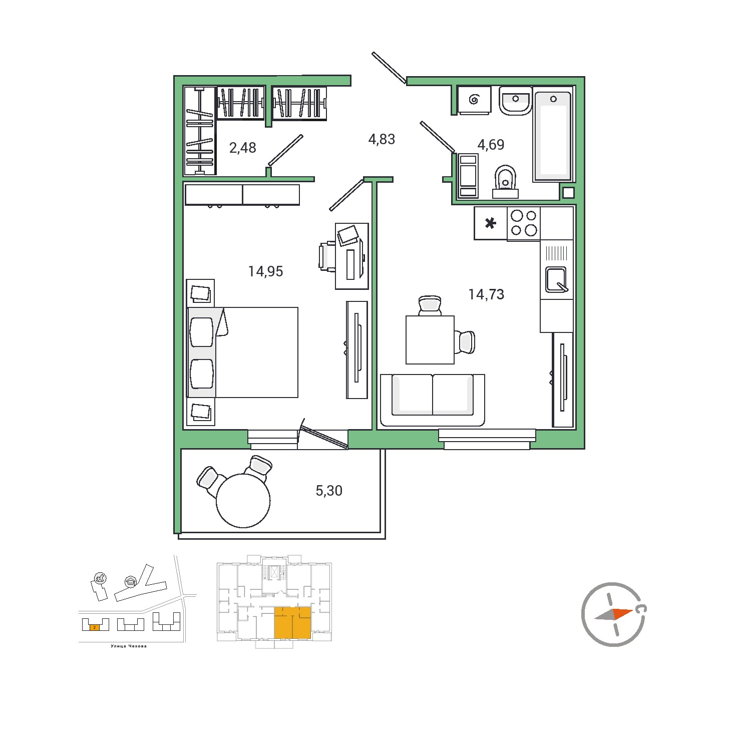 1 комн. квартира, 43.5 м², 7 этаж 