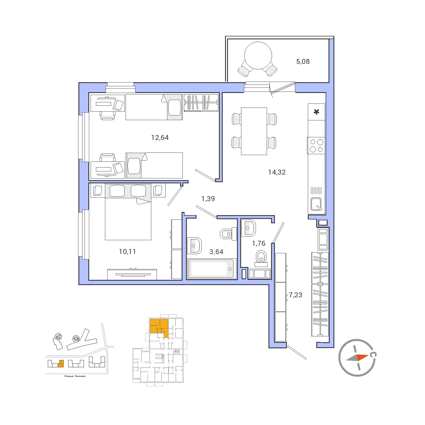 2 комн. квартира, 52.7 м², 7 этаж 