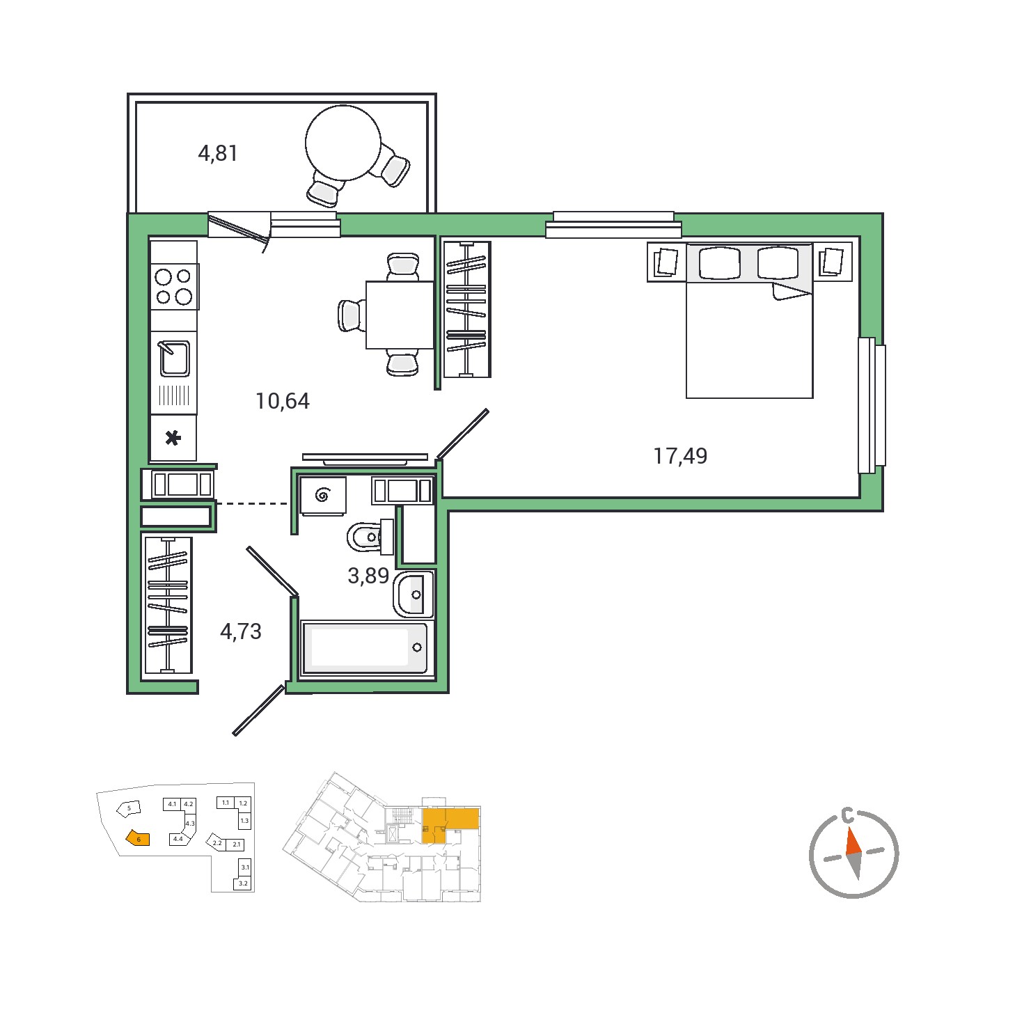 1 комн. квартира, 38.2 м², 6 этаж 