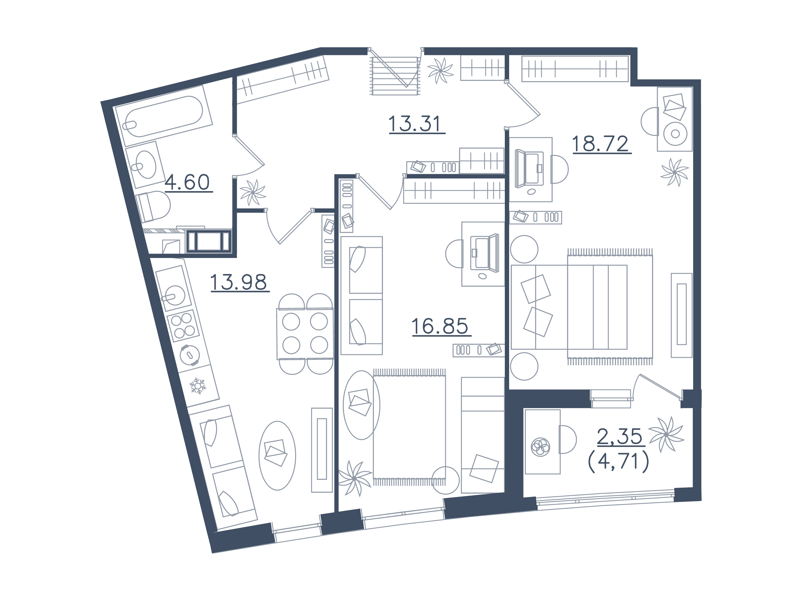 2 комн. квартира, 69.8 м², 1 этаж 