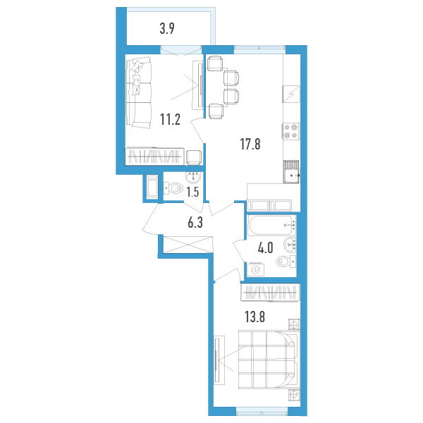 1 комн. квартира, 56.6 м², 12 этаж 