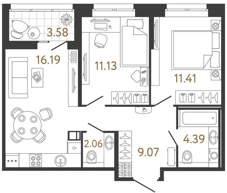 2 комн. квартира, 54.2 м², 9 этаж 