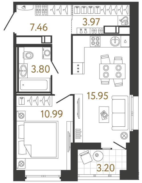 1 комн. квартира, 42.2 м², 17 этаж 