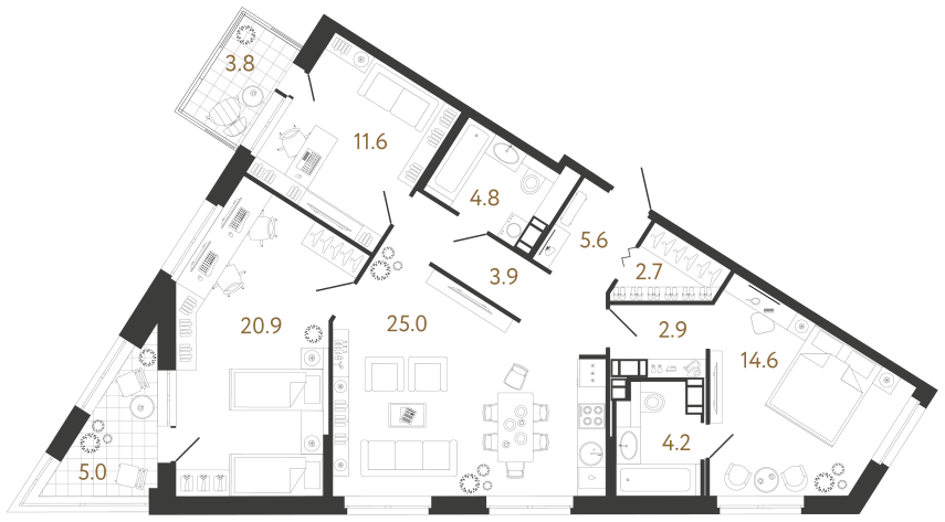 3 комн. квартира, 96.2 м², 9 этаж 