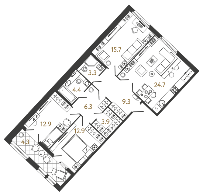 3 комн. квартира, 93.4 м², 4 этаж 
