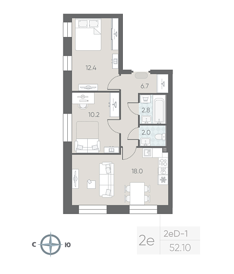 1 комн. квартира, 52.1 м², 2 этаж 
