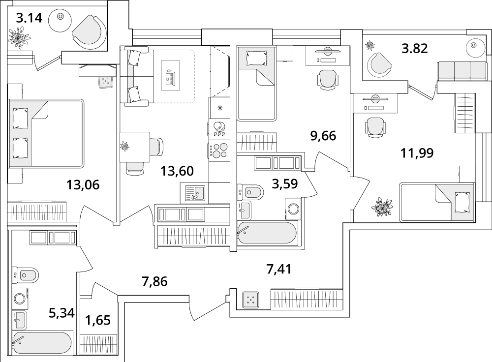 3 комн. квартира, 77.9 м², 17 этаж 