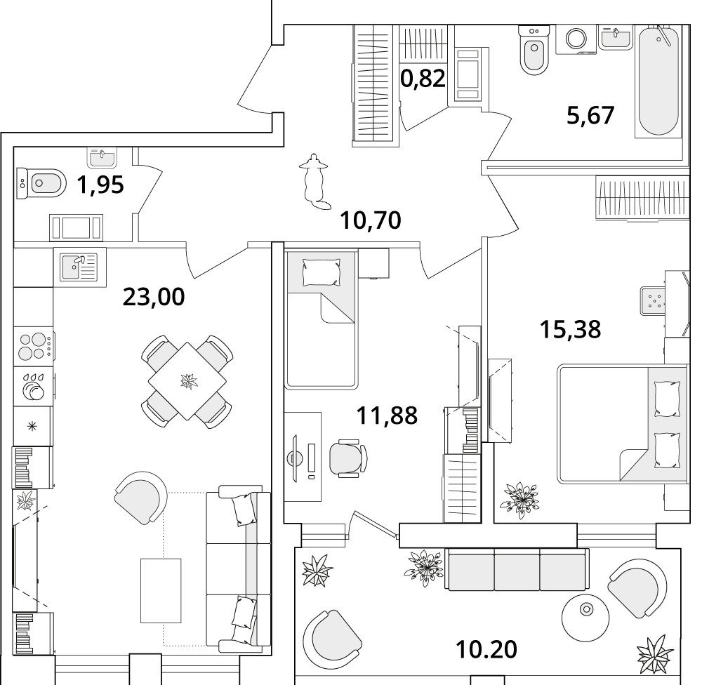 2 комн. квартира, 74.4 м², 3 этаж 