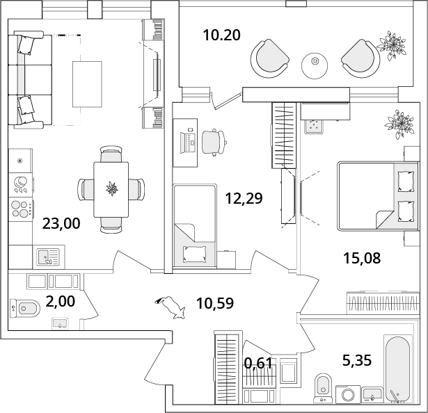 2 комн. квартира, 73.8 м², 15 этаж 