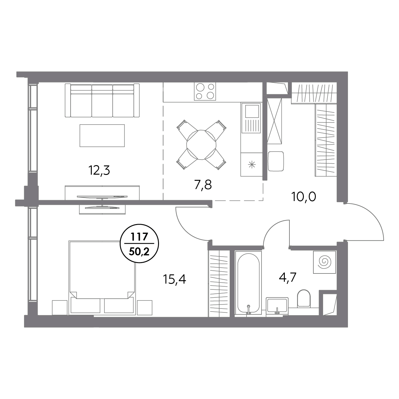 1 комн. квартира, 50.2 м², 1 этаж 
