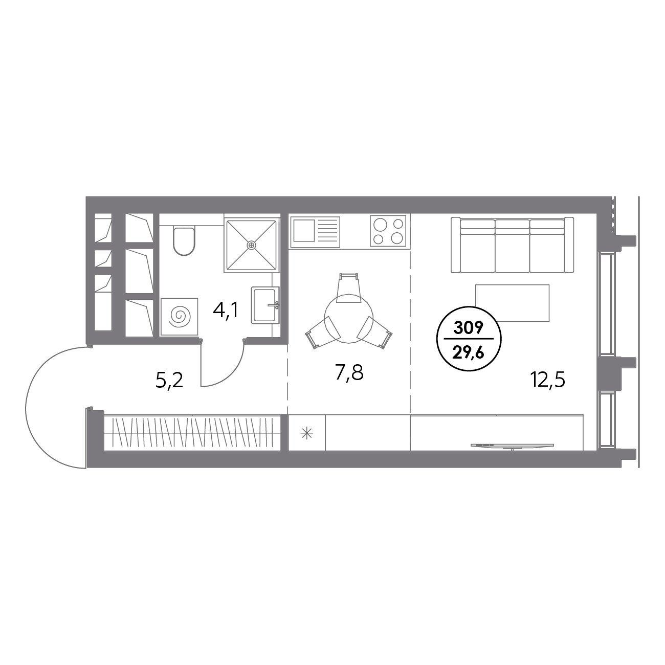 студия, 29.6 м², 21 этаж 