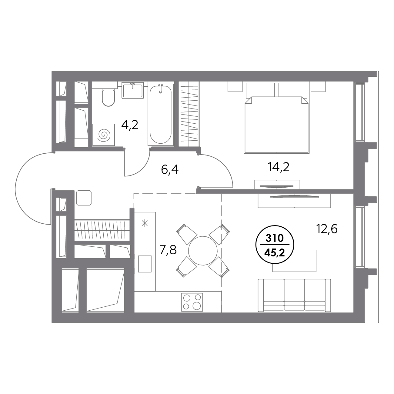 1 комн. квартира, 45.2 м², 21 этаж 