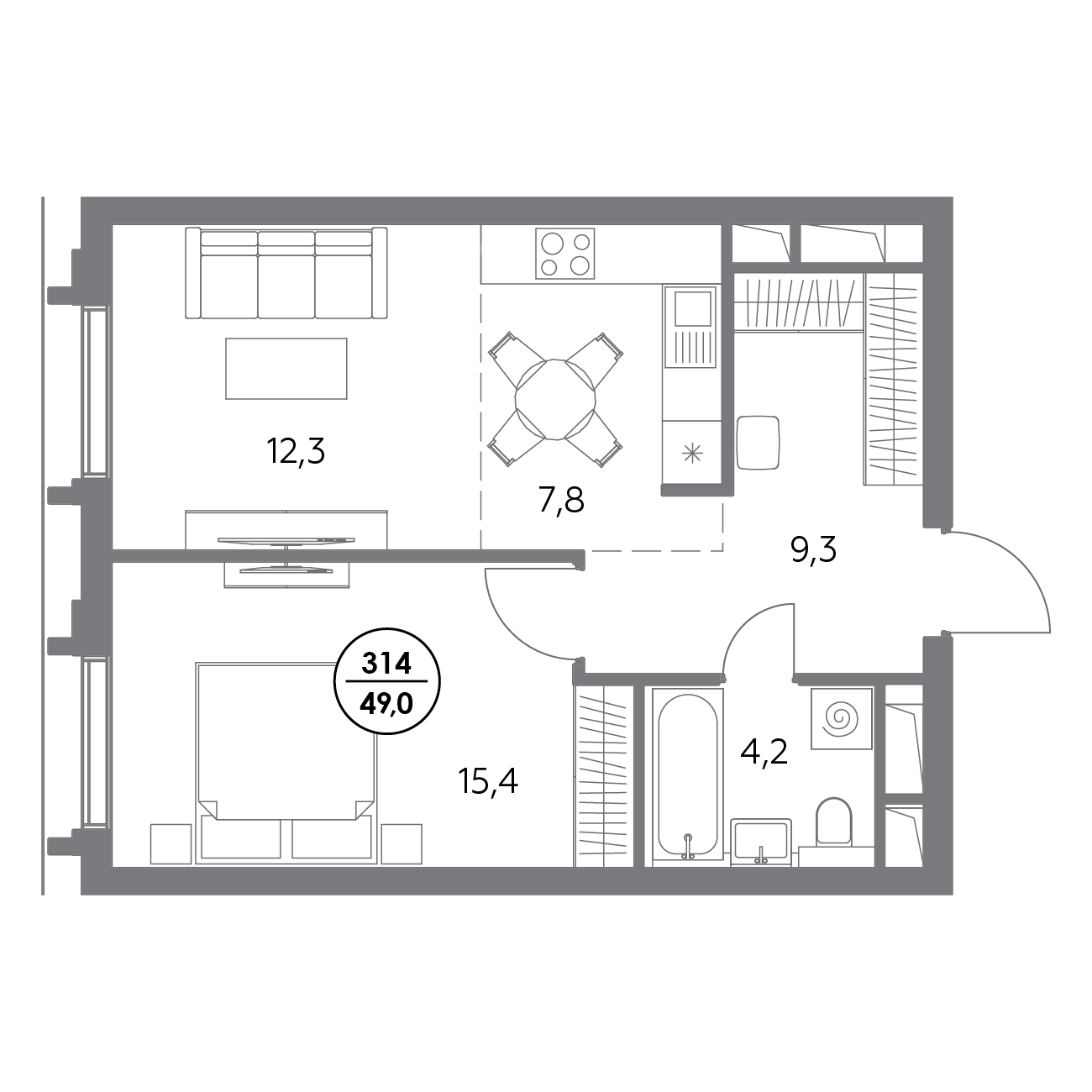 1 комн. квартира, 49 м², 21 этаж 
