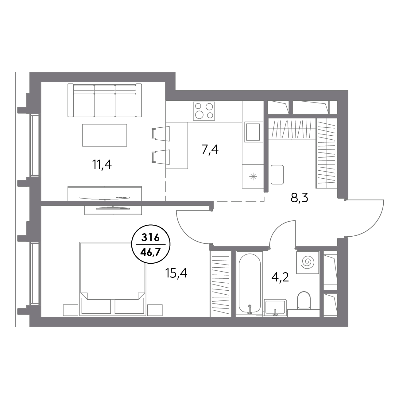 1 комн. квартира, 46.7 м², 21 этаж 