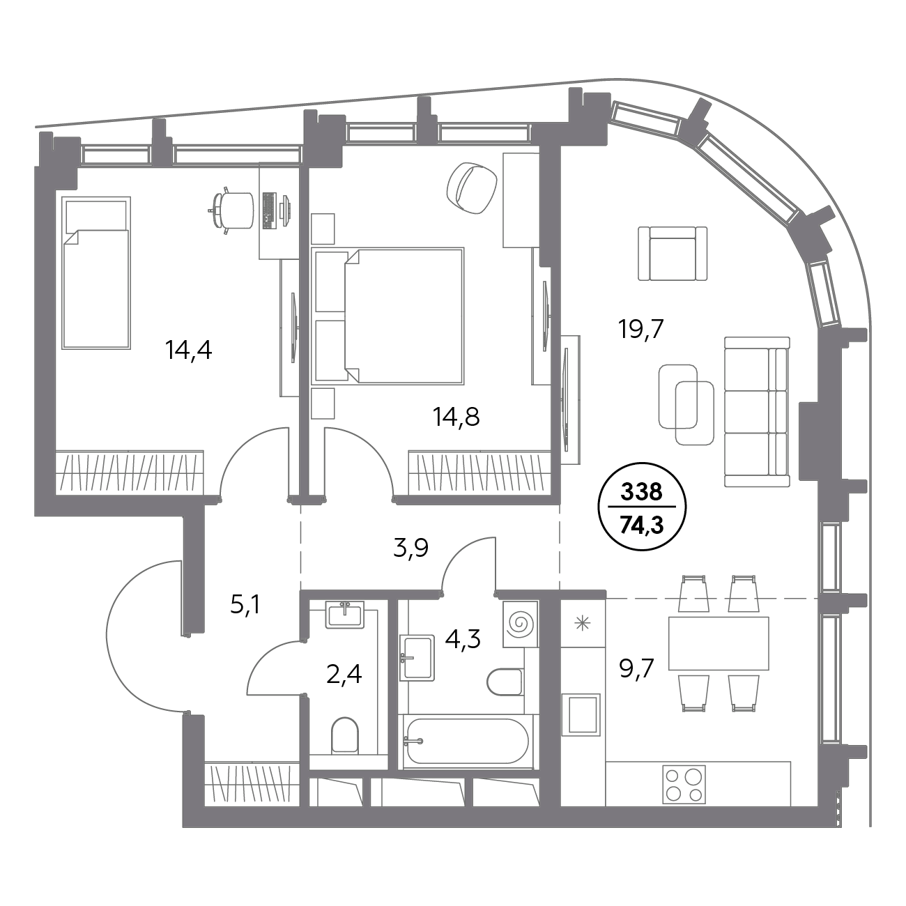2 комн. квартира, 74.3 м², 23 этаж 