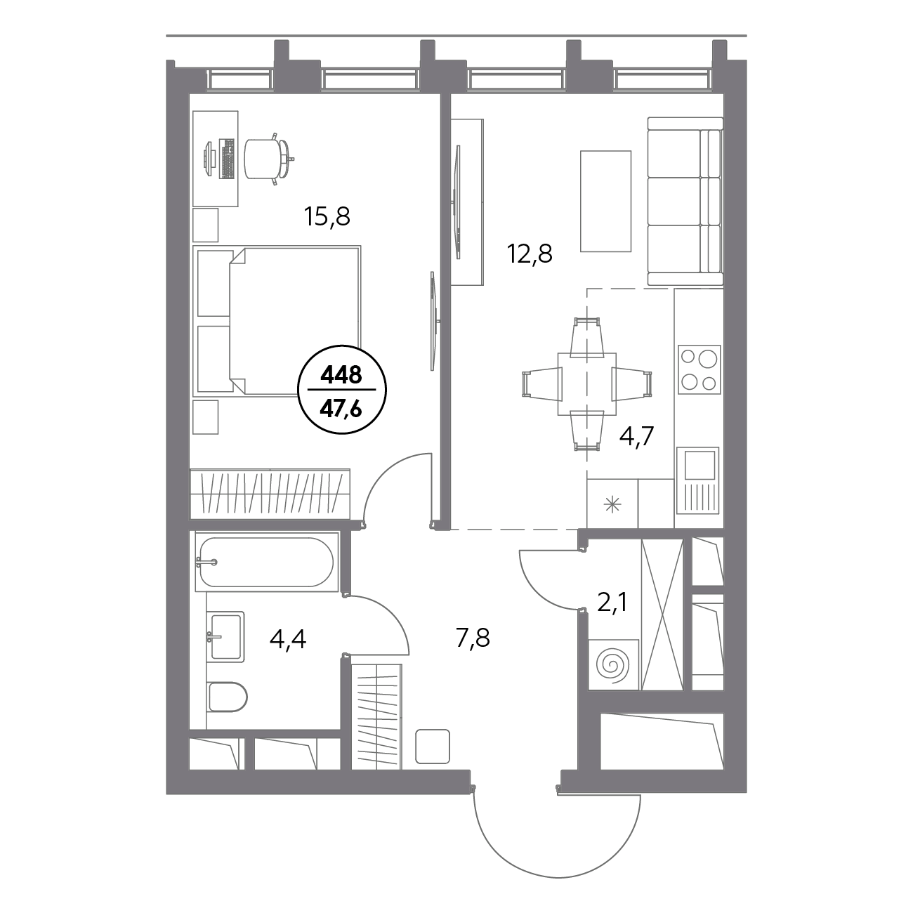 1 комн. квартира, 47.6 м², 13 этаж 