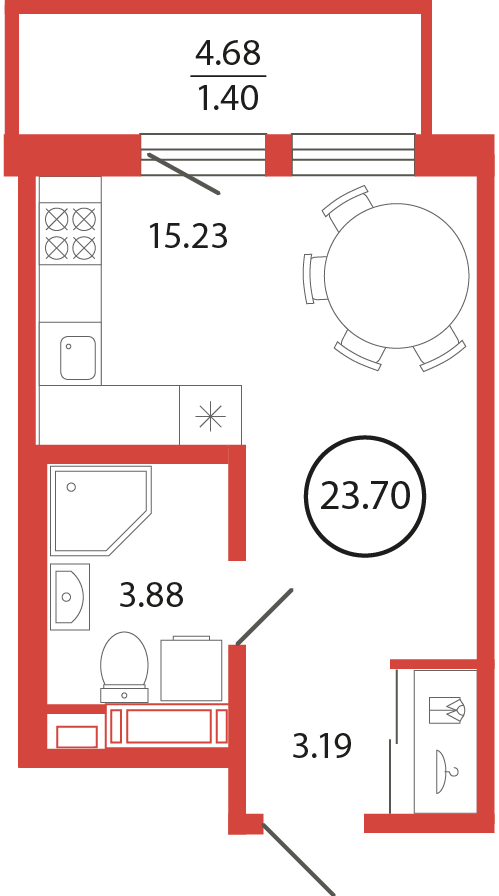студия, 23.7 м², 3 этаж 
