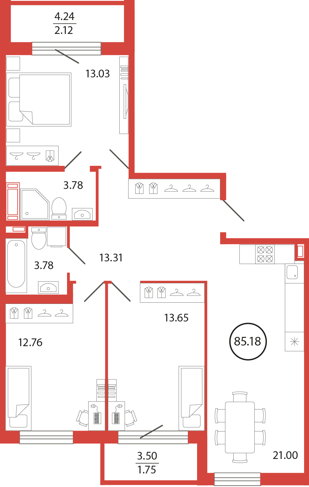 3 комн. квартира, 85.2 м², 3 этаж 
