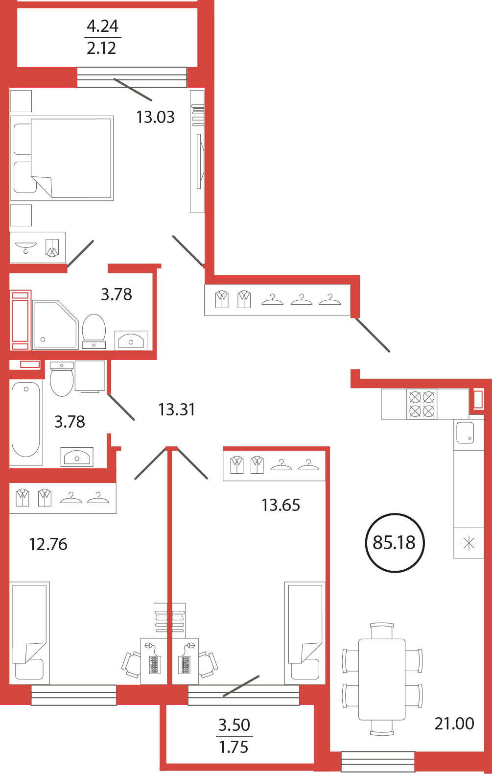 3 комн. квартира, 85.2 м², 5 этаж 