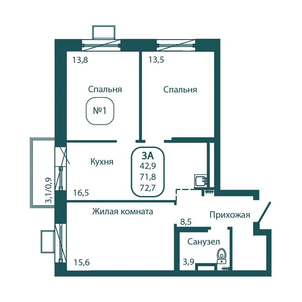 3 комн. квартира, 72.7 м², 16 этаж 
