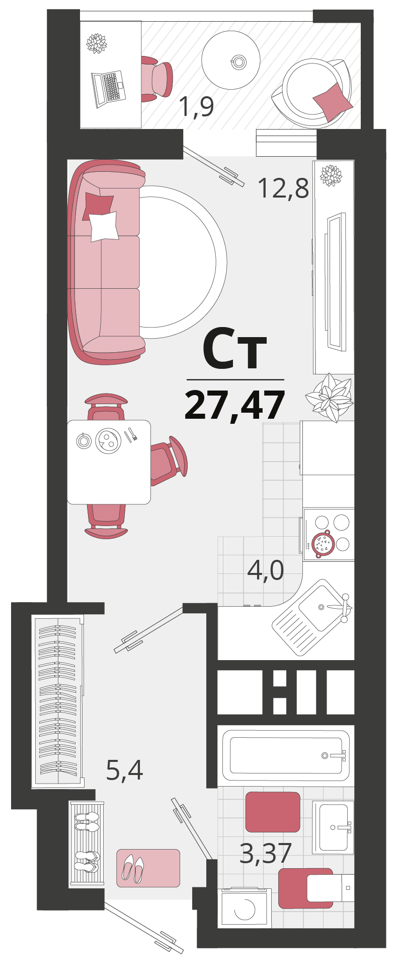 1 комн. квартира, 27.5 м², 15 этаж 